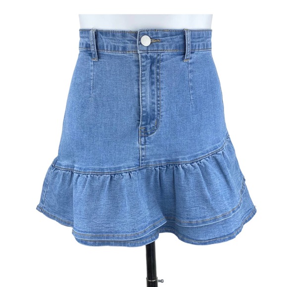 Cider Skirts Cider Denim Ruffle Layered Stretch Aline Mini Skirt Sz